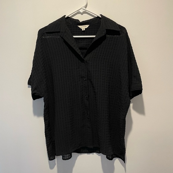 Max Studio Collared Button-Up Block Pattern Sheer Shirt Black NWOT - Picture 1 of 5